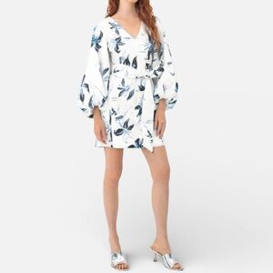 Tanya Taylor Loretta Floral Print Cotton Poplin Puffy Sleeve Mini Tie Dress